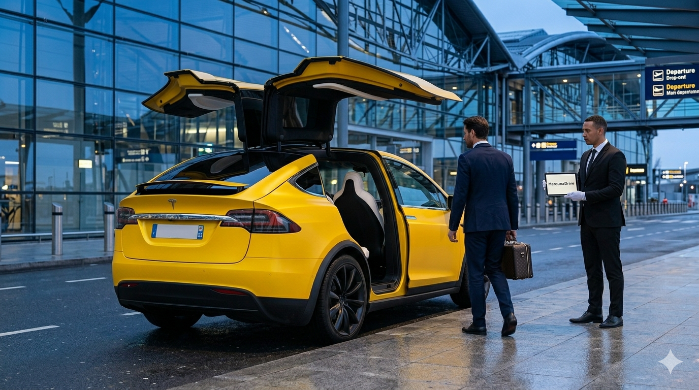 Tesla Model X jaune HarounaDrive aéroport
