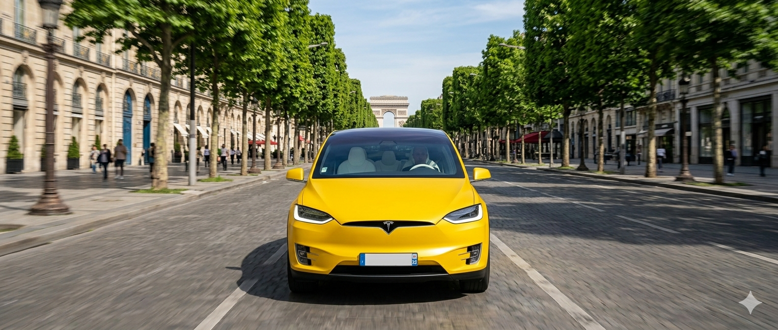 Tesla HarounaDrive sur les Champs-Élysées Arc de Triomphe