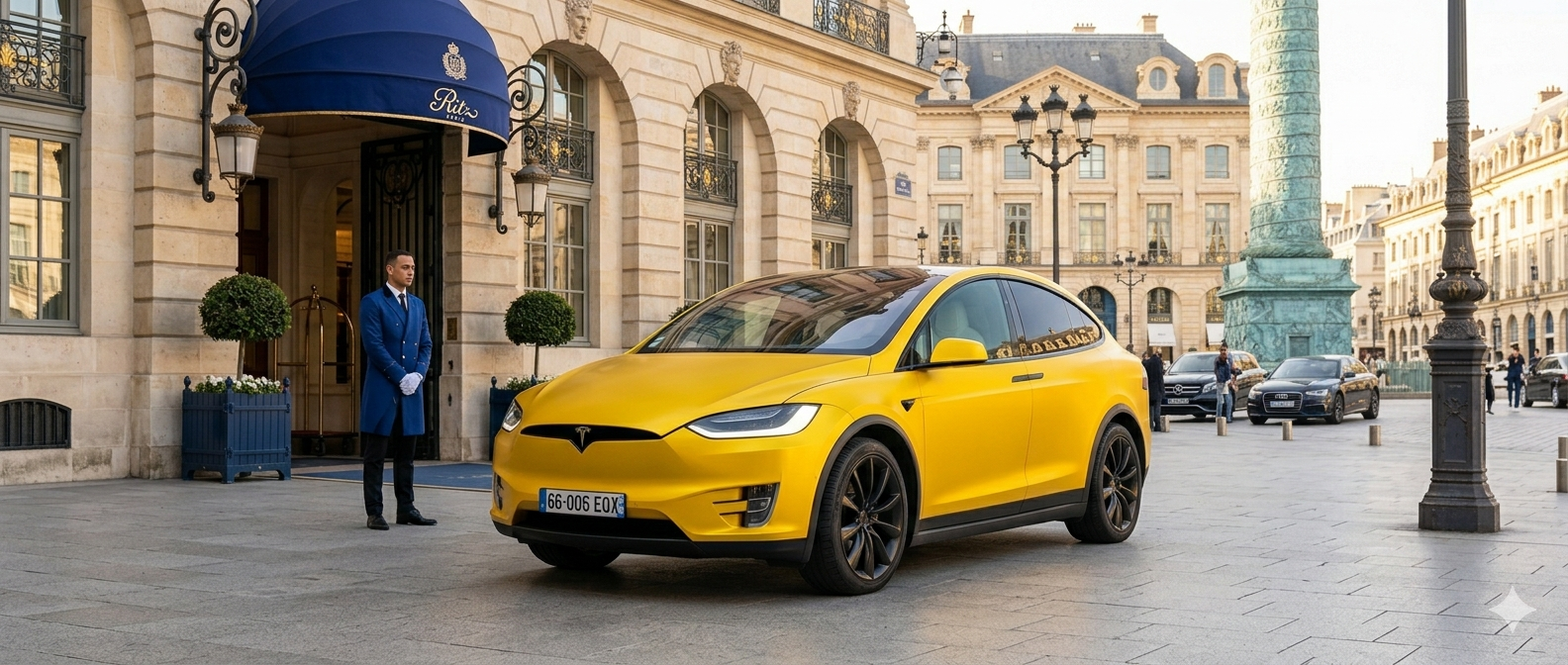 Tesla HarounaDrive devant le Ritz Paris Place Vendôme